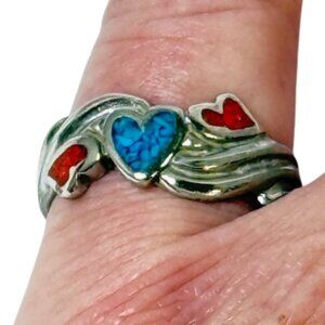Crushed turquoise and coral and alpaca silver inlay ring.